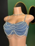 Women pearl diamond chain Denim Suspender vest shorts two-piece set