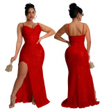 Women Sequined Strap Formal Party Sexy Ball Dress