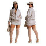 Women autumn and winter solid long sleeve Pu Leather casual stand collar skirt two-piece suit