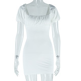Women sexy U-neck Solid puff sleeve dress
