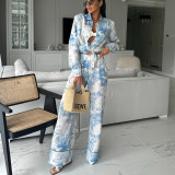 Women's Paint Print Turndown Collar Shirt High Waist Trousers Fashion Two-Piece Suit