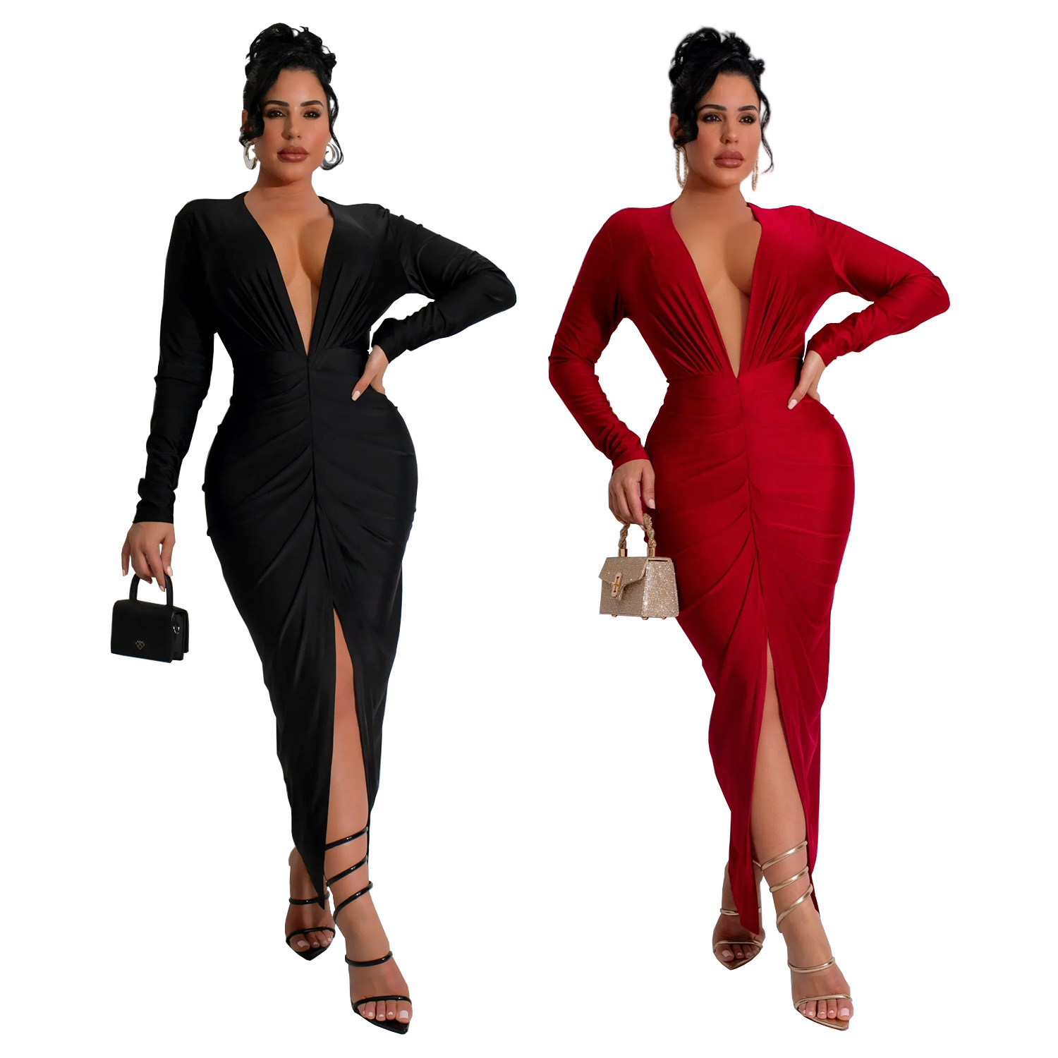 Women V-Neck Slit Solid Dress(customized,MOQ 6pcs/size/color,process time 7-10 days)