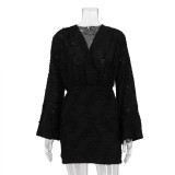 Spring And Autumn Solid Color Jacquard Long Sleeve V-Neck Loose Dress Women's Clothing