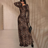 Round Neck Sexy Long Autumn Leopard Print High Waist Slim Dress