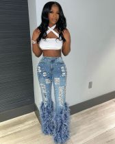 Women Pearl Embellished Feather Stretch Denim Pants Women Pearl Embellished Feather Stretch Denim Pants