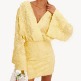 Spring And Autumn Solid Color Jacquard Long Sleeve V-Neck Loose Dress Women's Clothing
