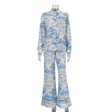 Women's Paint Print Turndown Collar Shirt High Waist Trousers Fashion Two-Piece Suit