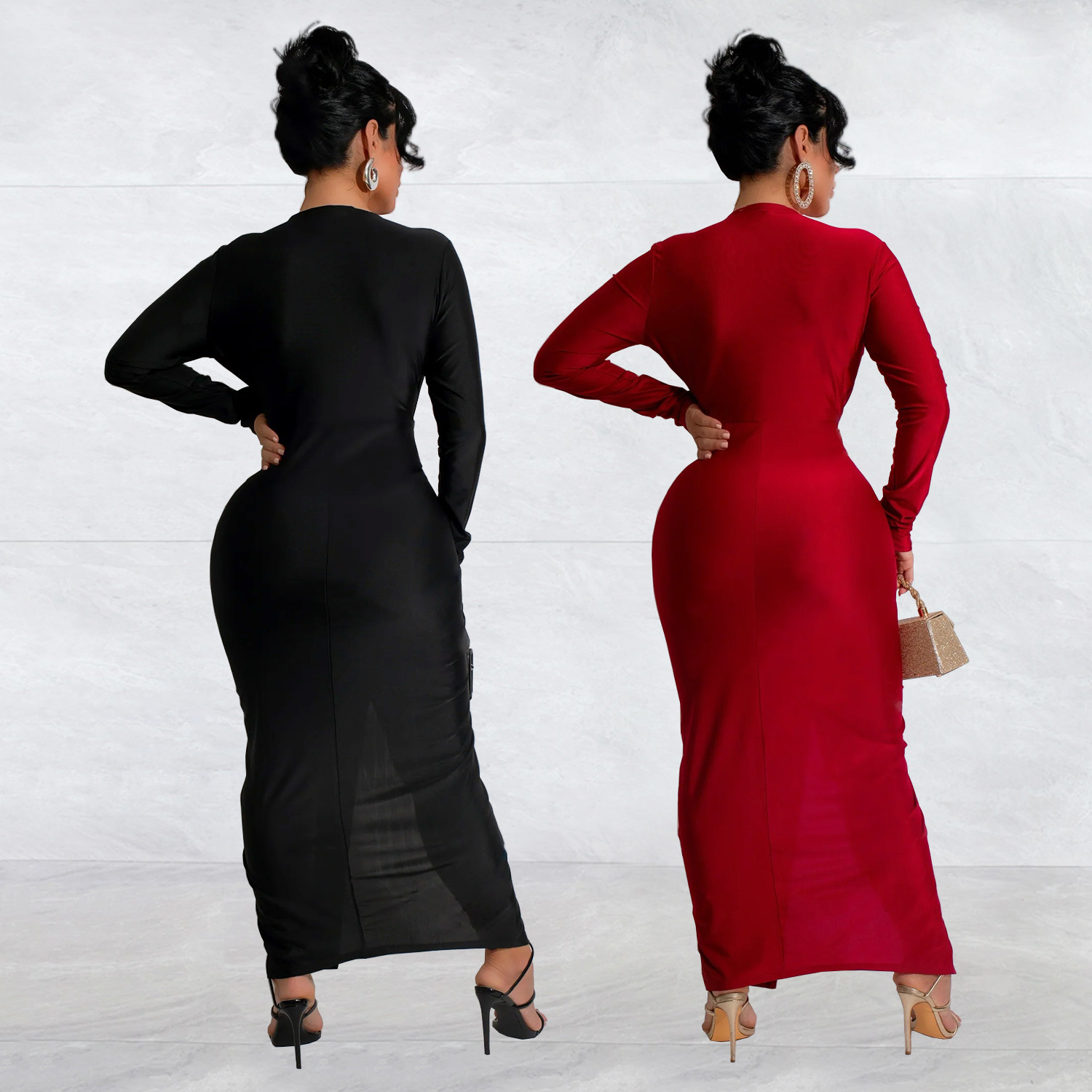 Women V-Neck Slit Solid Dress(customized,MOQ 6pcs/size/color,process time 7-10 days)