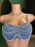 Women pearl diamond chain Denim Suspender vest shorts two-piece set