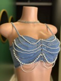 Women pearl diamond chain Denim Suspender vest shorts two-piece set
