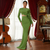 Women Long Sleeve Round Neck Hollow Formal Party Slit Dress