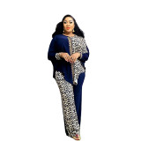 Plus Size African Women Bat Sleeves leopard print Beaded Top and Pants two-piece set