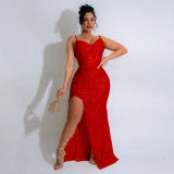 Women Sequined Strap Formal Party Sexy Ball Dress