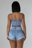 Women pearl diamond chain Denim Suspender vest shorts two-piece set