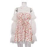 Mesh Patchwork Print Long Sleeve Off Shoulder Lace Sexy A-Line Dress