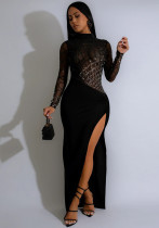 Women High Neck Long Sleeve Beaded Slit Party Dress Women High Neck Long Sleeve Beaded Slit Party Dress