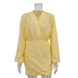 Spring And Autumn Solid Color Jacquard Long Sleeve V-Neck Loose Dress Women's Clothing
