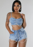 Women pearl diamond chain Denim Suspender vest shorts two-piece set