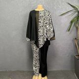 Plus Size African Women Bat Sleeves leopard print Beaded Top and Pants two-piece set