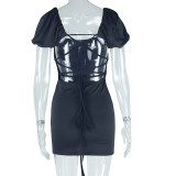 Women sexy U-neck Solid puff sleeve dress