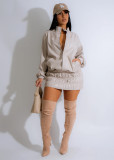 Women autumn and winter solid long sleeve Pu Leather casual stand collar skirt two-piece suit