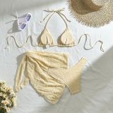 Sexy Solid Color Bikini Mesh Cover Up Three-Piece Swimsuit