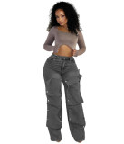 Women's Straight Denim Pants Autumn Street Trend Button High Waist Pants