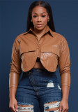 Fashionable Women's Long Sleeve Turndown Collar Single-Breasted Pocket Pu Leather Jacket