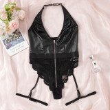 Sexy Jacquard Mesh Pu Leather Patchwork With Garter Buckle Sexy Lingerie Set