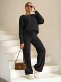 Autumn Winter Solid Color Women's Round Neck Long Sleeve Fleece Top Trousers Two Piece Set