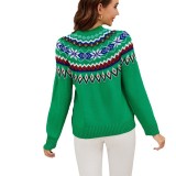 Contrast Jacquard Pullover Knitting Top Women Casual Long-Sleeved Christmas Sweater