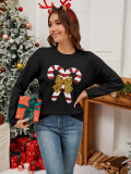 Christmas Cane Bow Sequin Women's Sweater Autumn Winter Fashion Round Neck Long Sleeve Knitting Shirt
