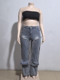 Women's Straight Denim Pants Autumn Street Trend Button High Waist Pants