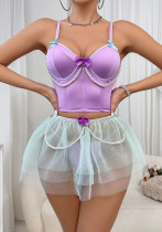 Sexy Lingerie Lace Pearl Strap Top Short Skirt Thong Three-Piece Set