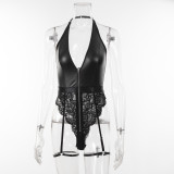 Sexy Jacquard Mesh Pu Leather Patchwork With Garter Buckle Sexy Lingerie Set
