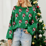 Jacquard Pink Sweater Women Autumn Winter Puff Sleeve Pullover Christmas Sweater