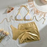 Sexy Shiny Bikini Drawstring Skirt Three-Piece Swimsuit