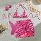 Sexy Shiny Bikini Drawstring Skirt Three-Piece Swimsuit
