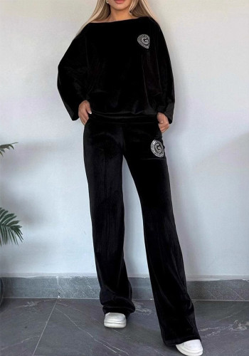 Women's Spring And Autumn Solid Color Velvet Round Neck Bat Sleeves Casual Two-Piece Pants Sets