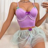 Sexy Lingerie Lace Pearl Strap Top Short Skirt Thong Three-Piece Set