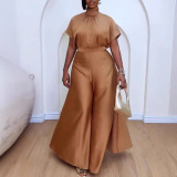 Satin Lace-Up Flying Sleeve Top Wide-Leg Pants Two-Piece Set