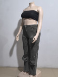 Women's Straight Denim Pants Autumn Street Trend Button High Waist Pants