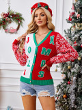 Autumn Winter Christmas Sweater Red Casual Letter Jacquard V-Neck Knitting Cardigan