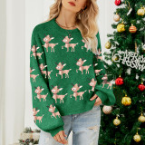 Women's Deer Jacquard Red Loose Long Sleeve Pullover Christmas Sweater
