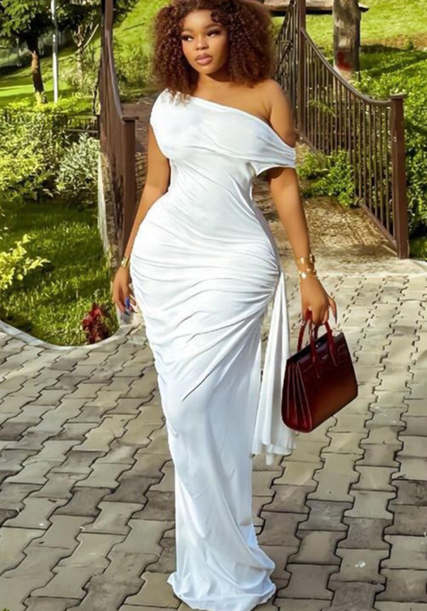 Women's Solid Color Slash Shoulder Casual Ribbon Long Dress