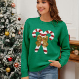 Christmas Cane Bow Sequin Women's Sweater Autumn Winter Fashion Round Neck Long Sleeve Knitting Shirt