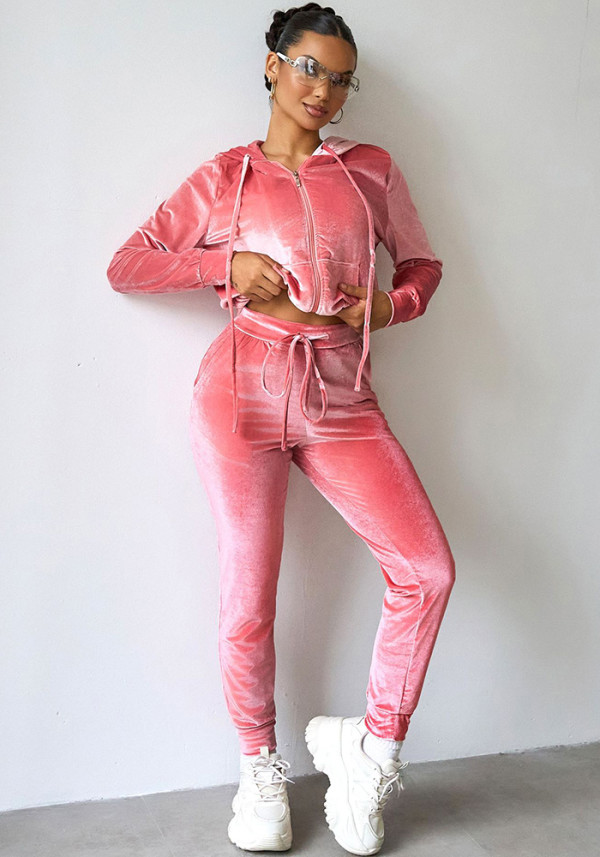 Fashion Velvet Hooded Zipper Hoodies Elastic Waist Trousers Two-Piece Set