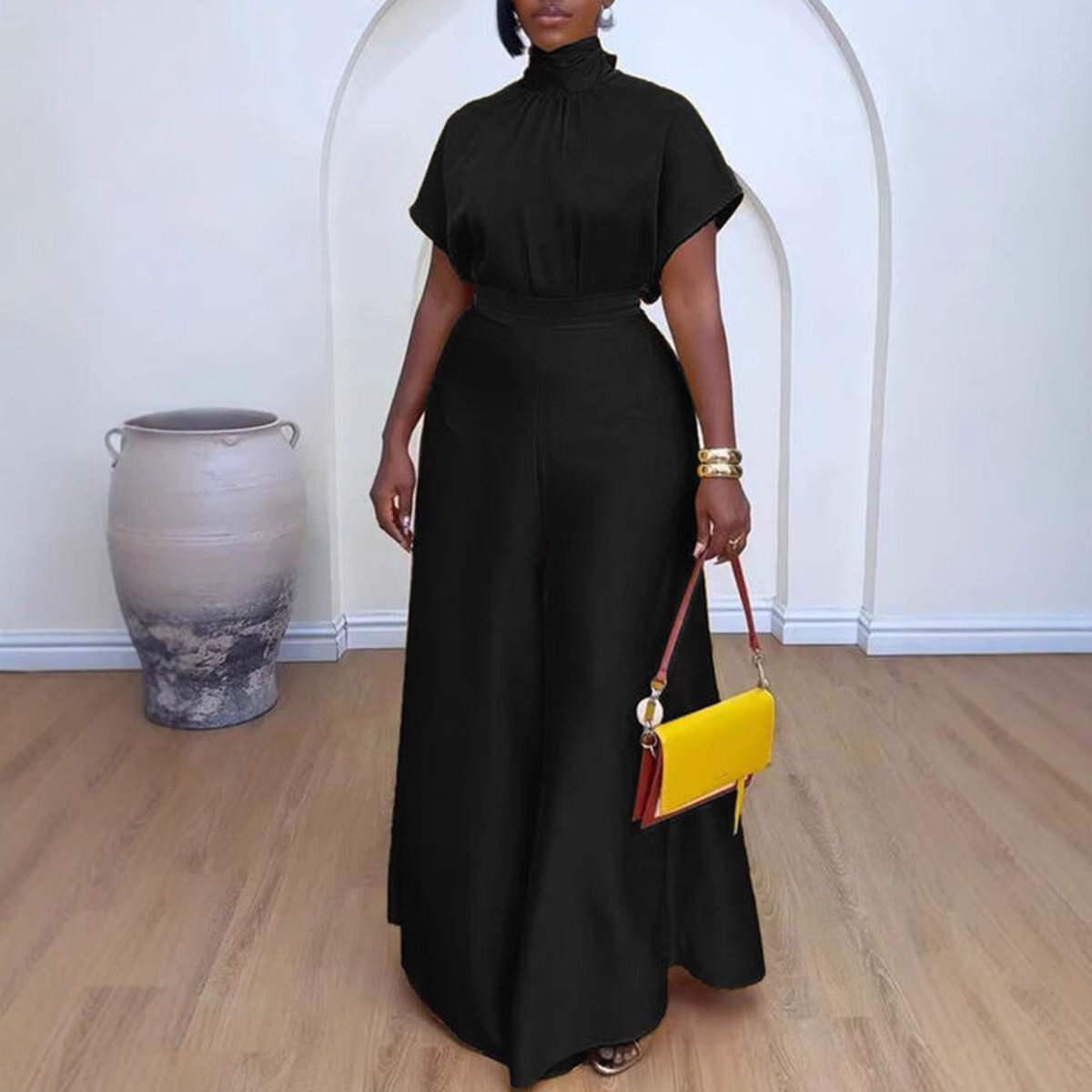 Satin Lace-Up Flying Sleeve Top Wide-Leg Pants Two-Piece Set