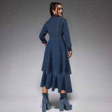 Women's Clothing Ribbed V-Neck Long Sleeve Denim Dress