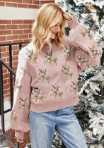 Women's Deer Jacquard Red Loose Long Sleeve Pullover Christmas Sweater